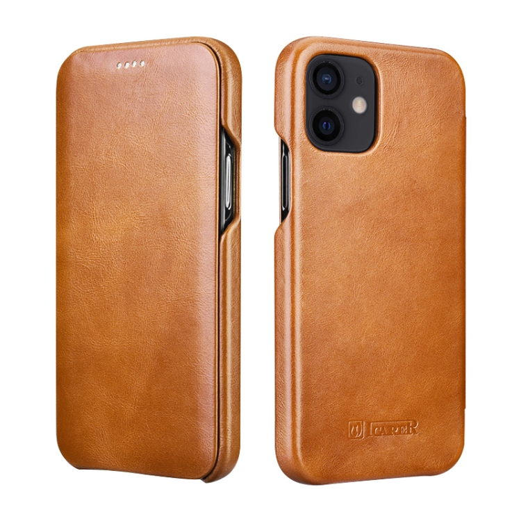 

ICARER First Layer Cowhide Horizontal Flip Phone Case For iPhone 12 mini(Khaki)