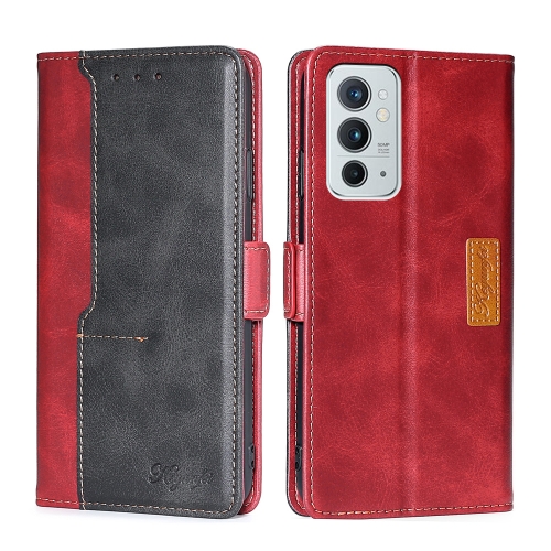 For OnePlus 9RT 5G Retro Texture Contrast Color Side Buckle Horizontal Flip Leather Phone Case with Holder & Card Slots & Wallet(Red+Black)