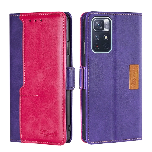 For Xiaomi Redmi Note 11 Retro Texture Contrast Color Side Buckle Horizontal Flip Leather Phone Case with Holder & Card Slots & Wallet(Purple+Rose Red)