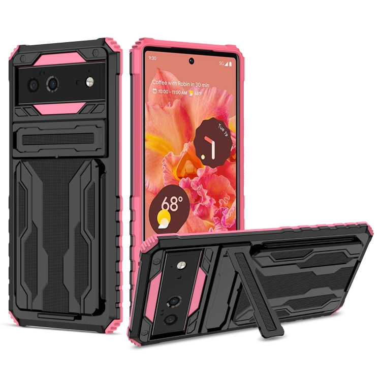 

For Google Pixel 6 Armor Card PC + TPU Shockproof Phone Case with Card Slot & Invisible Holder(Pink)
