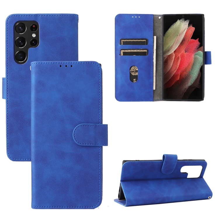 

For Samsung Galaxy S22 Ultra 5G Skin Feel Magnetic Buckle Calf Texture PU Phone Case(Blue)