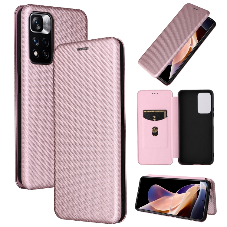 

For Xiaomi Redmi Note 11 Pro / Note 11 Pro+ Carbon Fiber Texture Magnetic Horizontal Flip PU Phone Case(Pink)