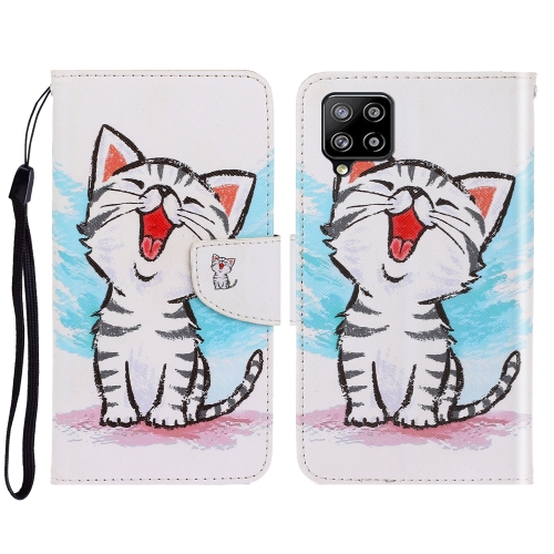 For Sansung Galaxy A22 4G 3D Colored Drawing Horizontal Flip Leather Phone Case with Holder & Card Slots & Wallet(Red Mouth Cat)