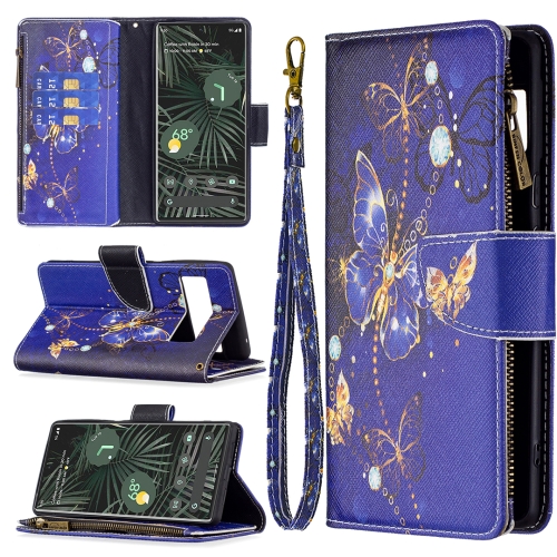 

For Google Pixel 6 Pro Colored Drawing Pattern Zipper Horizontal Flip Phone Leather Case with Holder & Card Slots & Wallet(Purple Butterfly)