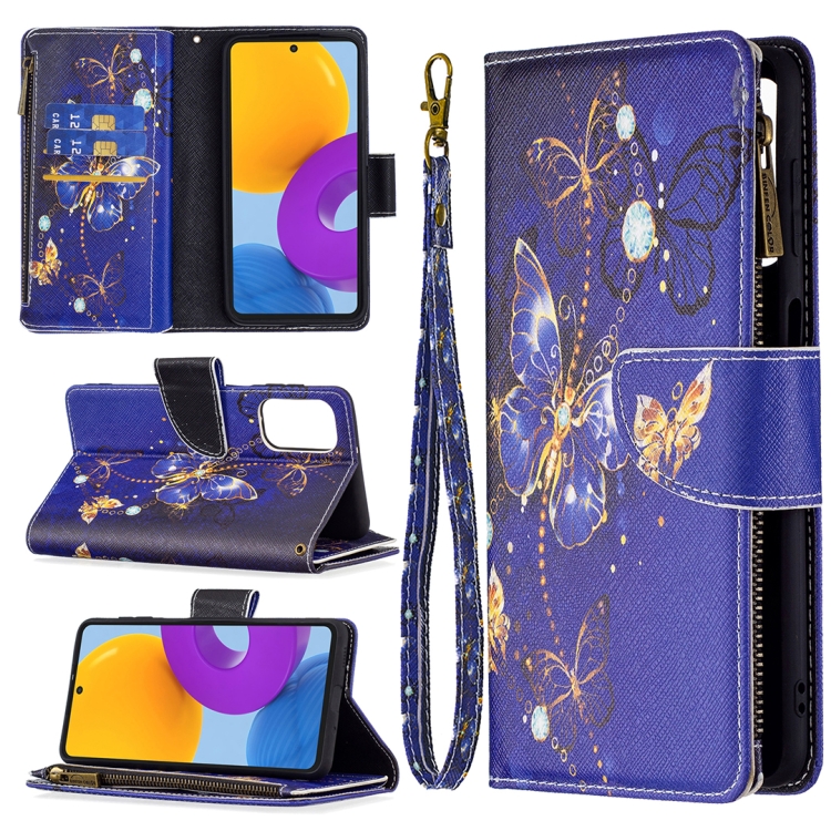 

For Samsung Galaxy M52 5G Colored Drawing Pattern Zipper Horizontal Flip Phone Leather Case with Holder & Card Slots & Wallet(Purple Butterfly)