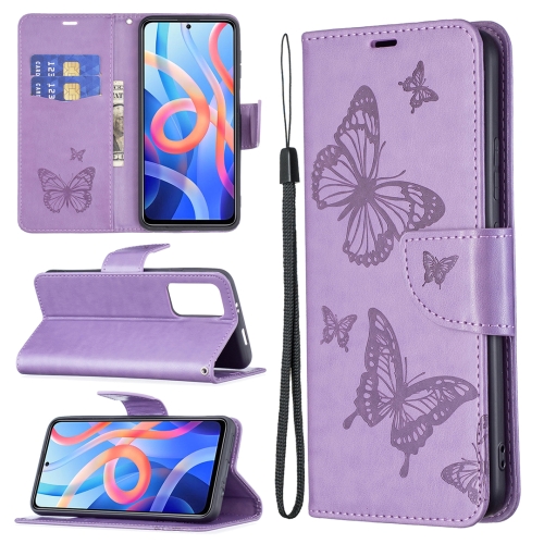 

For Xiaomi Redmi Note 11 5G/Note 11T 5G/Poco M4 Pro 5G Two Butterflies Embossing Pattern Horizontal Flip Leather Phone Case with Holder & Card Slot & Wallet & Lanyard(Purple)