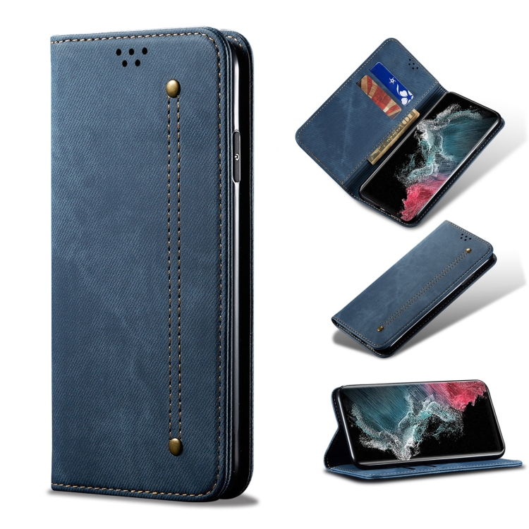 

For Samsung Galaxy S22 Ultra 5G Denim Texture Casual Style Horizontal Flip Leather Case with Holder & Card Slots & Wallet(Blue)