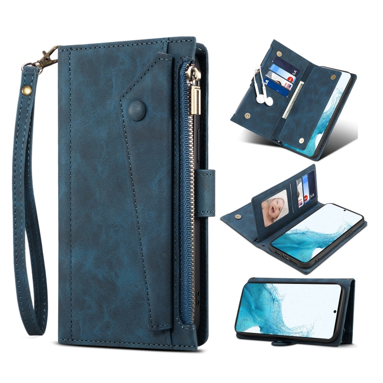 

For Samsung Galaxy S22 5G Retro Frosted Horizontal Flip Leather Phone Case with Holder & Card Slot & Wallet & Zipper Pocket & Lanyard(Blue)