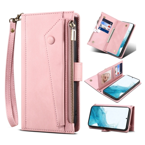 

For Samsung Galaxy S22+ 5G Retro Frosted Horizontal Flip Leather Phone Case with Holder & Card Slot & Wallet & Zipper Pocket & Lanyard(Rose Gold)