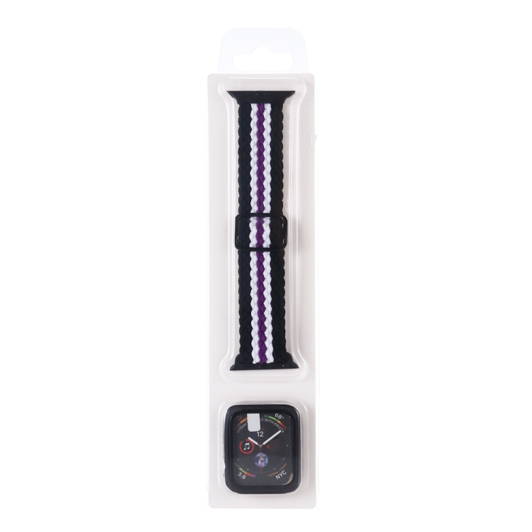 

Adjustable Striped Woven Nylon Watch Band + Watch Case Set For Apple Watch Series 7 45mm/6&SE&5&4 44mm/3&2&1 42mm(Black White Purple)