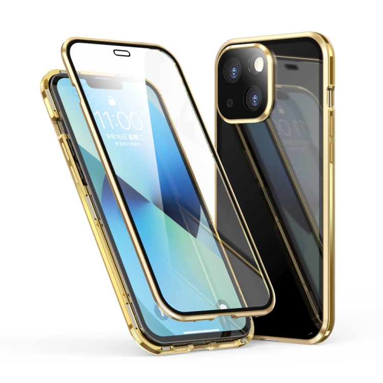 

Electroplating Frame Double Sides Tempered Glass Magnetic Adsorption Phone Case For iPhone 13(Gold)