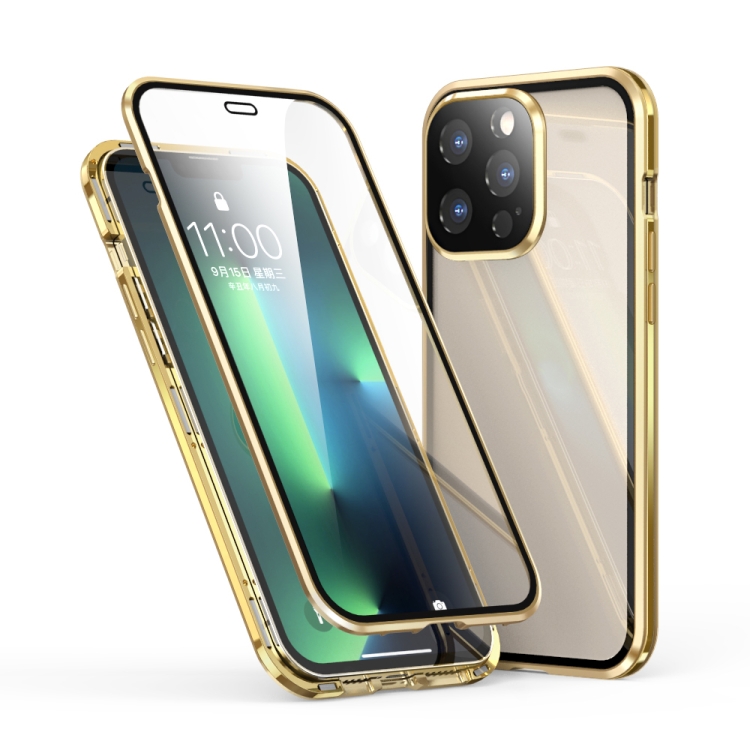 

Electroplating Frame Double Sides Tempered Glass Magnetic Adsorption Phone Case For iPhone 13 Pro(Gold)