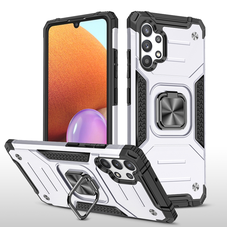 

For Samsung Galaxy A32 Magnetic Armor Shockproof TPU + PC Phone Case with Metal Ring Holder(Silver)