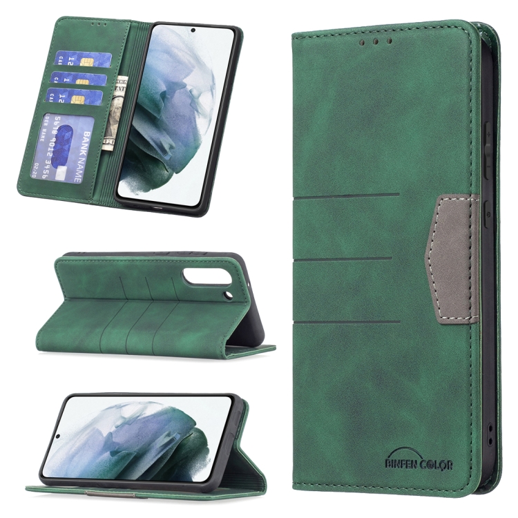 

For Samsung Galaxy S21 FE 5G Magnetic Splicing Leather Phone Case(Green)