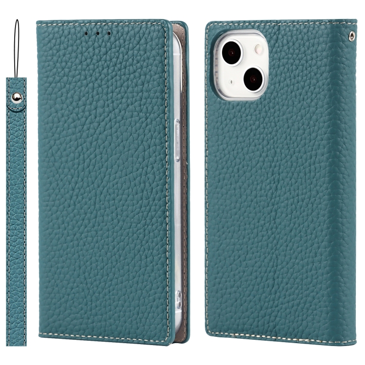

Litchi Texture Genuine Leather Phone Case With Lanyard & Holder & Card Slots & Wallet For iPhone 13 mini(Sky Blue)
