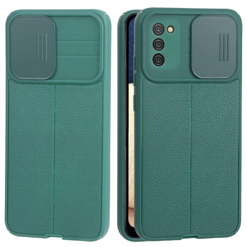 

For Samsung Galaxy A02s / M02s Litchi Texture Sliding Camshield TPU Phone Case(Dark Green)