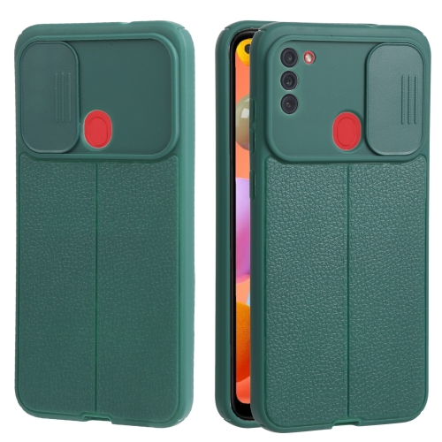 

For Samsung Galaxy A11 / M11 Litchi Texture Sliding Camshield TPU Phone Case(Dark Green)