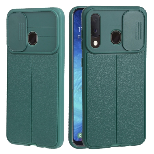 

For Samsung Galaxy A20 / A30 Litchi Texture Sliding Camshield TPU Phone Case(Dark Green)