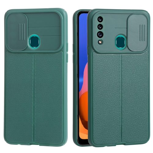 

For Samsung Galaxy A20s Litchi Texture Sliding Camshield TPU Phone Case(Dark Green)