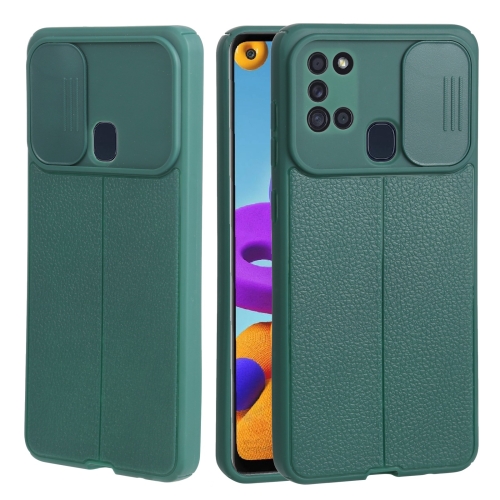 

For Samsung Galaxy A21s Litchi Texture Sliding Camshield TPU Phone Case(Dark Green)