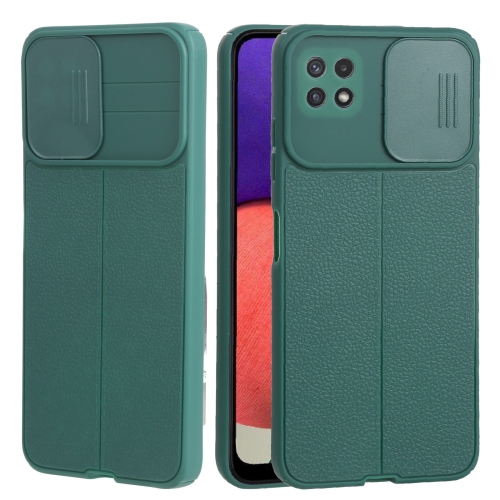 

For Samsung Galaxy A22 5G Litchi Texture Sliding Camshield TPU Phone Case(Dark Green)