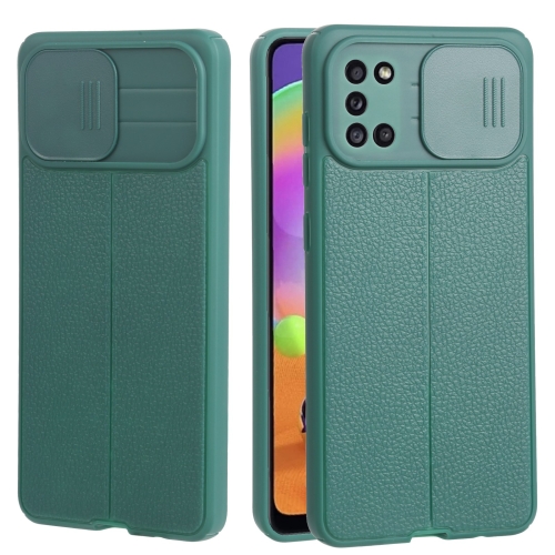 

For Samsung Galaxy A31 Litchi Texture Sliding Camshield TPU Phone Case(Dark Green)
