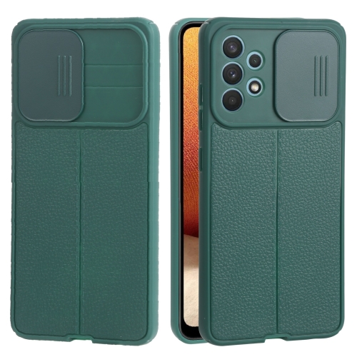 

For Samsung Galaxy A32 4G Litchi Texture Sliding Camshield TPU Phone Case(Dark Green)