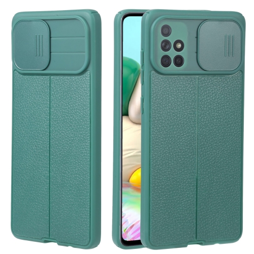 

For Samsung Galaxy A71 4G Litchi Texture Sliding Camshield TPU Phone Case(Dark Green)