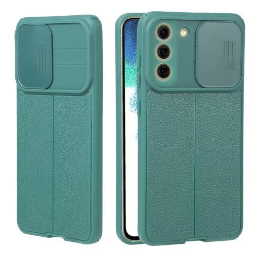 

For Samsung Galaxy S21 FE 5G Litchi Texture Sliding Camshield TPU Phone Case(Dark Green)