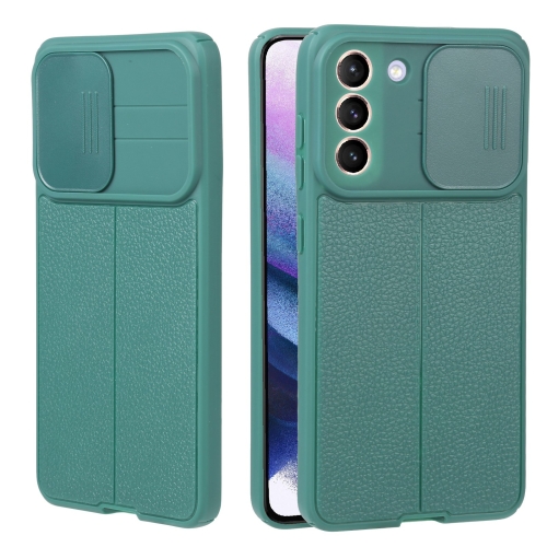 

For Samsung Galaxy S21+ 5G Litchi Texture Sliding Camshield TPU Phone Case(Dark Green)