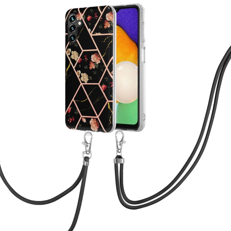 

For Samsung Galaxy A13 5G Electroplating Splicing Marble Flower TPU Phone Case with Lanyard(Black Flower)