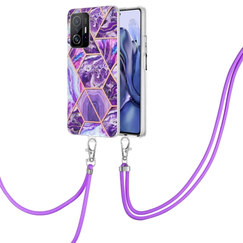 

For Xiaomi Mi 11T / Mi 11T Pro Electroplating Splicing Marble TPU Phone Case with Lanyard(Dark Purple)