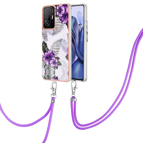 

For Xiaomi Mi 11T / Mi 11T Pro Electroplating IMD TPU Phone Case with Lanyard(Purple Flower)