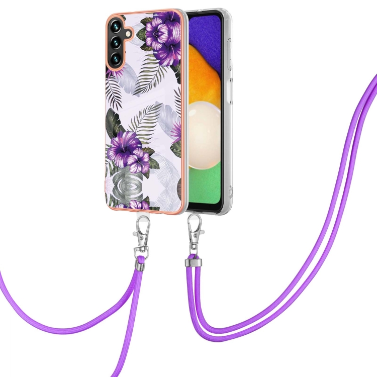 

For Samsung Galaxy A13 5G Electroplating IMD TPU Phone Case with Lanyard(Purple Flower)