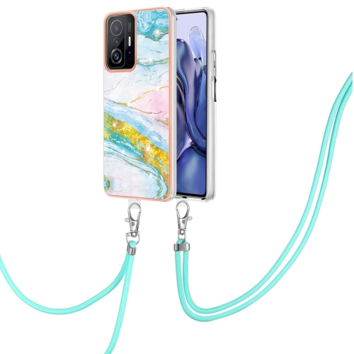 

For Xiaomi Mi 11T / Mi 11T Pro Electroplating Marble IMD TPU Phone Case with Lanyard(Green 004)