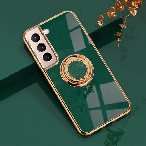 

For Samsung Galaxy S22 5G 6D Electroplating Full Coverage Silicone Phone Protective Case with Magnetic Ring Holder(Dark Green)