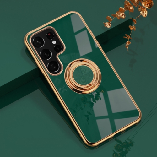 

For Samsung Galaxy S22 Ultra 5G 6D Electroplating Full Coverage Silicone Phone Protective Case with Magnetic Ring Holder(Dark Green)
