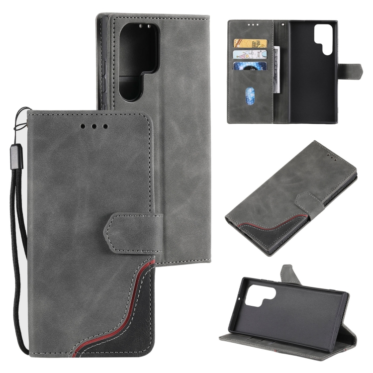 

For Samsung Galaxy S22 Ultra 5G Three-color Stitching Calf Texture Horizontal Flip Phone Leather Case with Holder & Card Slots & Wallet(Grey)