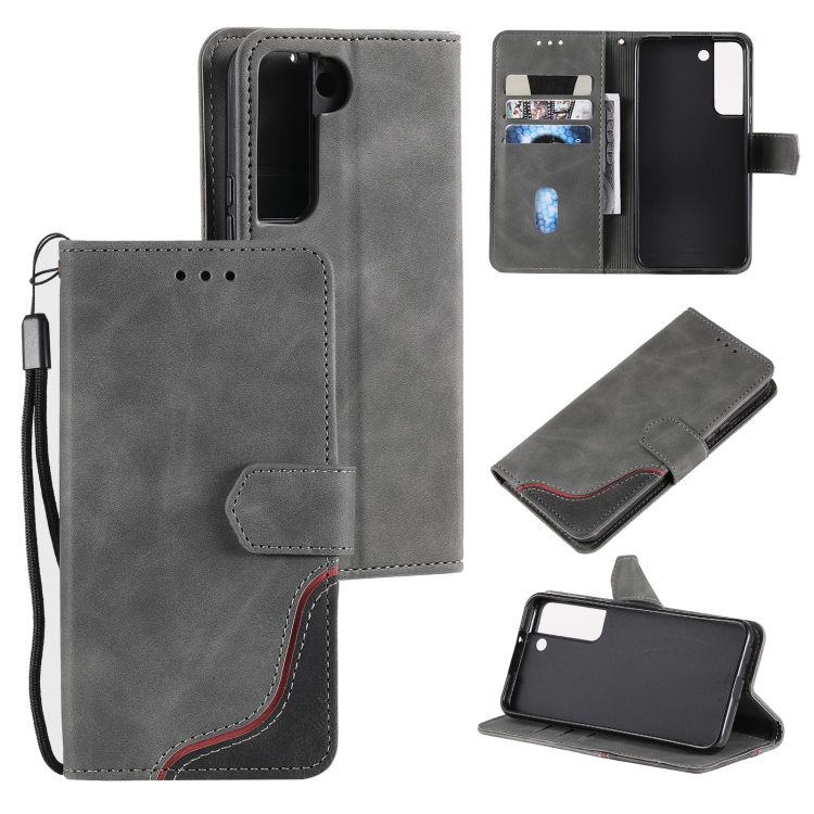 

For Samsung Galaxy S22+ 5G Three-color Stitching Calf Texture Horizontal Flip Phone Leather Case with Holder & Card Slots & Wallet(Grey)