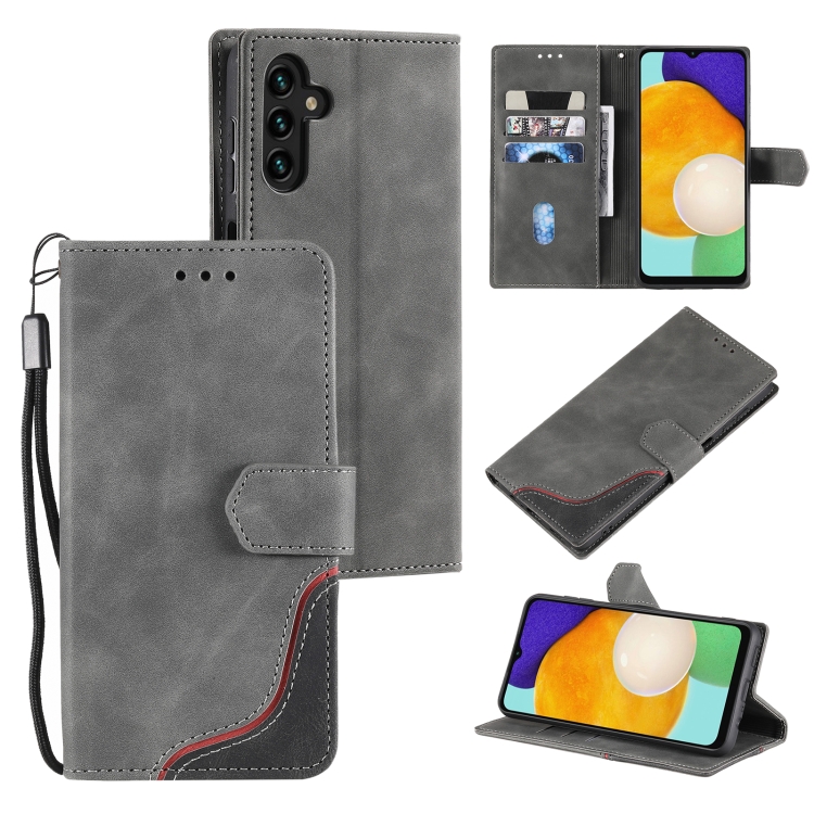 

For Samsung Galaxy A13 5G Three-color Stitching Calf Texture Horizontal Flip Phone Leather Case with Holder & Card Slots & Wallet(Grey)
