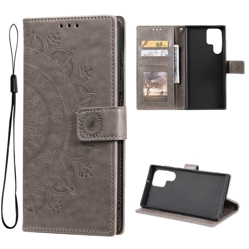 

For Samsung Galaxy S22 Ultra 5G Totem Flower Embossed Horizontal Flip Phone Leather Case with Holder & Card Slots & Wallet(Grey)