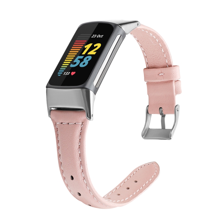 

For Fitbit Charge 5 FC5-18 Leather Strap Watch Band, Size:S(Rose Pink)