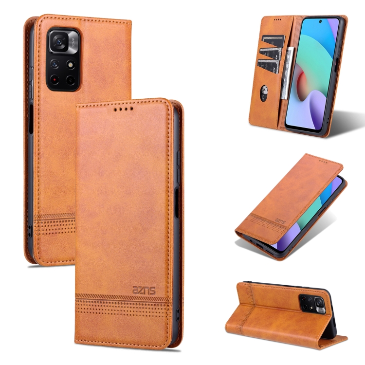 

For Xiaomi Redmi Note 11 AZNS Magnetic Calf Texture Horizontal Flip Leather Phone Case with Card Slots & Holder & Wallet(Light Brown)