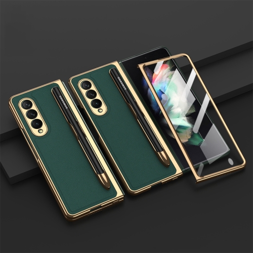 

For Samsung Galaxy Z Fold3 5G GKK Integrated Plating + Leather Phone Case with Pen Slot(Emerald)