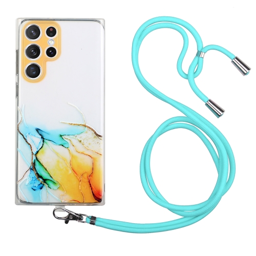 

For Samsung Galaxy S22 Ultra 5G Hollow Marble Pattern TPU Shockproof Phone Case with Neck Strap Rope(Yellow)