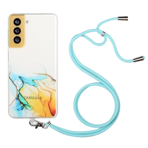 

For Samsung Galaxy S22+ 5G Hollow Marble Pattern TPU Shockproof Phone Case with Neck Strap Rope(Yellow)