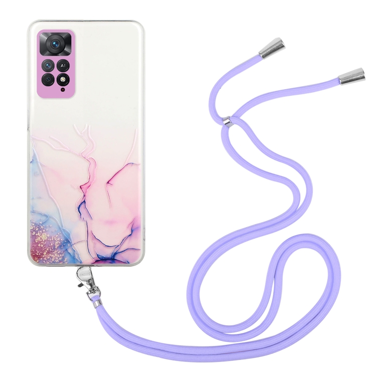 

For Xiaomi Redmi Note 11 Pro Global Hollow Marble Pattern TPU Shockproof Phone Case with Neck Strap Rope(Pink)