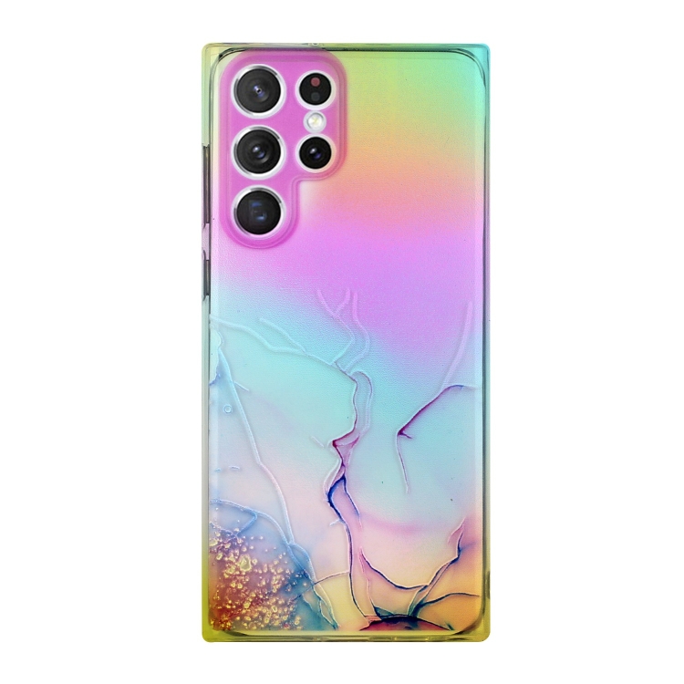 

For Samsung Galaxy S22 Ultra 5G Laser Marble Pattern Clear TPU Protective Phone Case(Pink)
