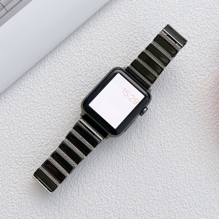 

Ceramic One-bead Steel Strap Watchband For Apple Watch Series 7 45mm / 6&SE&5&4 44mm / 3&2&1 42mm(Black Silver)