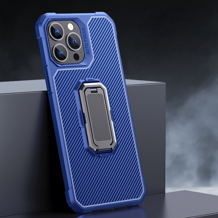 

Carbon Fiber Texture Phone Case with Holder For iPhone 13 Pro Max(Blue+Black)